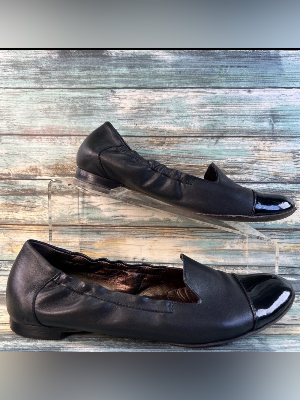 AGL Patent Cap Toe Ballet Flats Womens 8 Black Leather Stretch Trim Dress Shoes